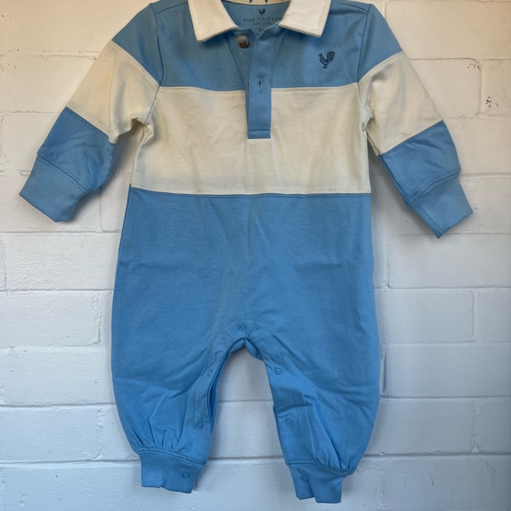 Pink Chicken Albert Cotton Rugby Jumper Blue and Cream Kids Size 3-6 months